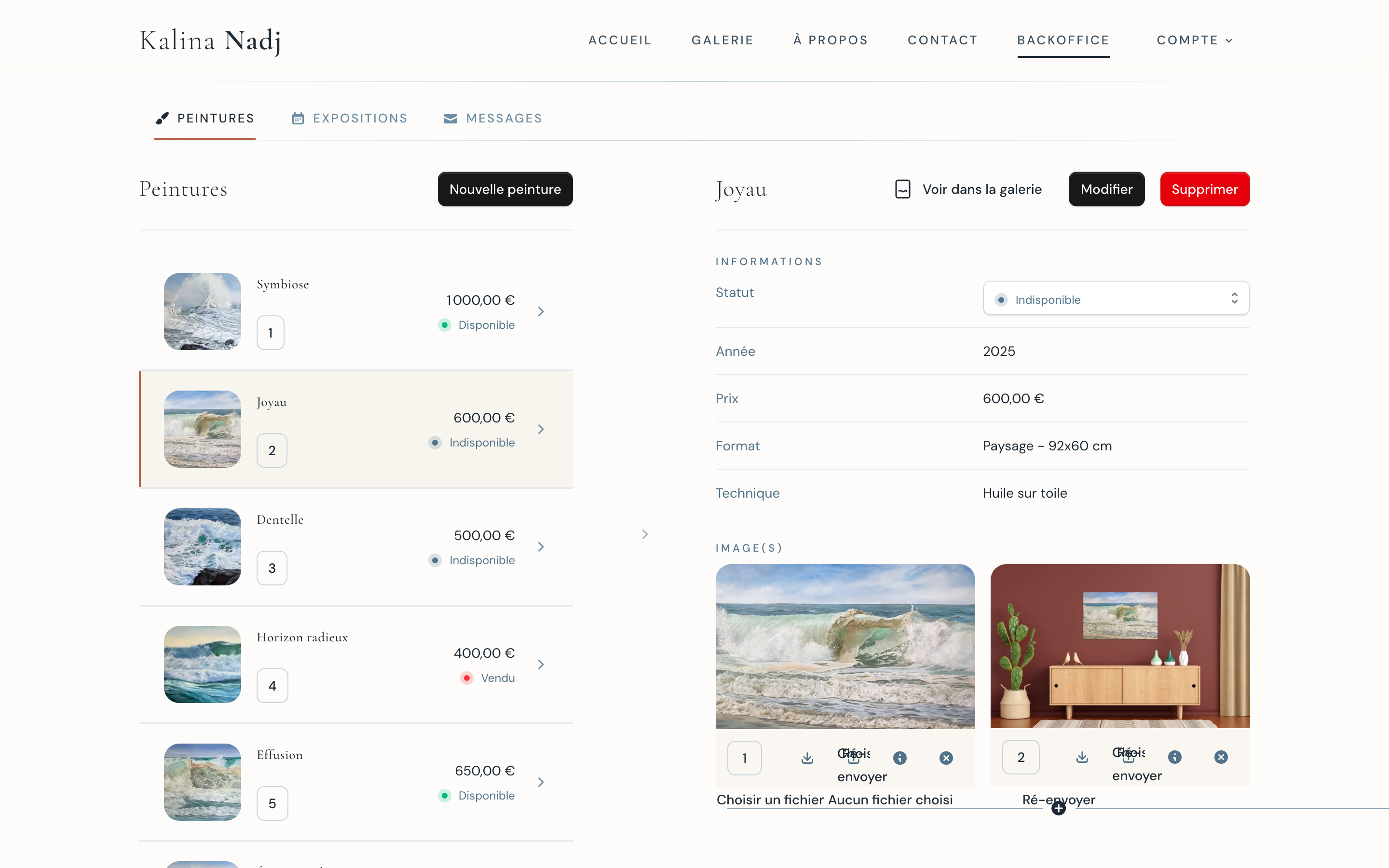 Backoffice Kalina Nadj -- Gestion des peintures -- Desktop / 2880 x 1800